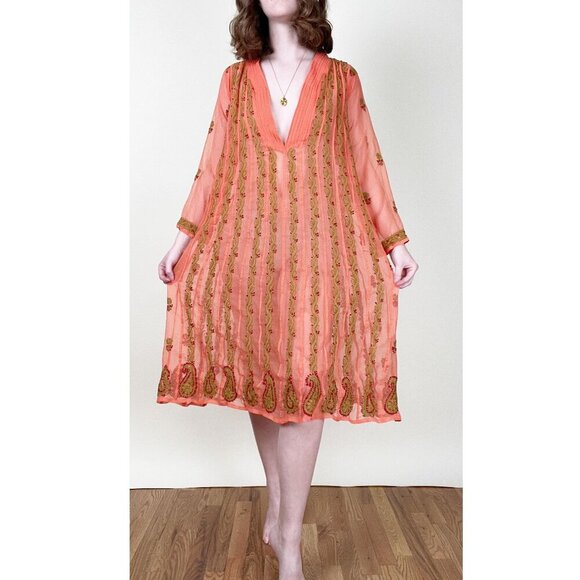 Vintage Embroidered Swimsuit Cover Up Midi Dress Sheer Coverup Beach Boho Light - Picture 4 of 6